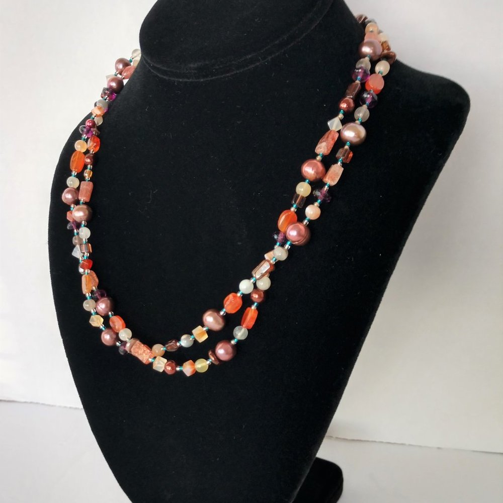 Earth Tones Beaded Necklace Double Strands Handmade Orange Tan